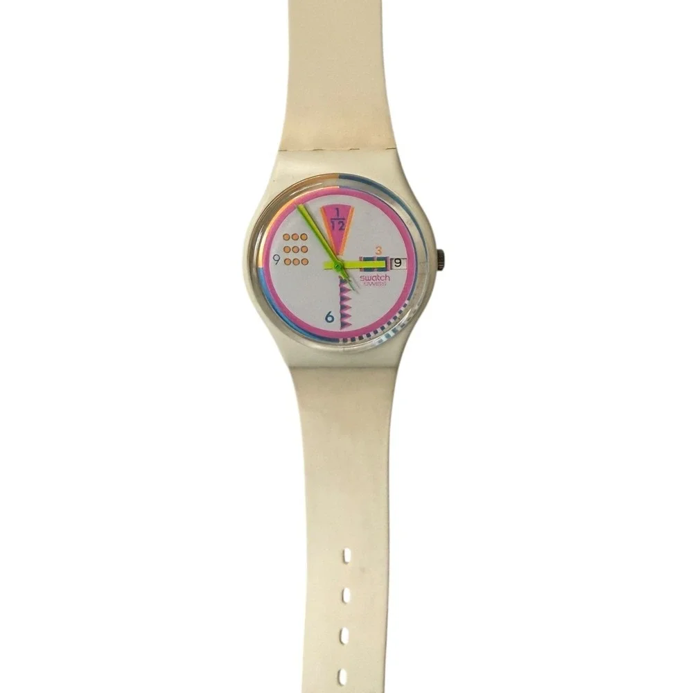 Vintage Swatch Watch Neon Multi Color Dial Cream Silicone Strap Mens 9143P